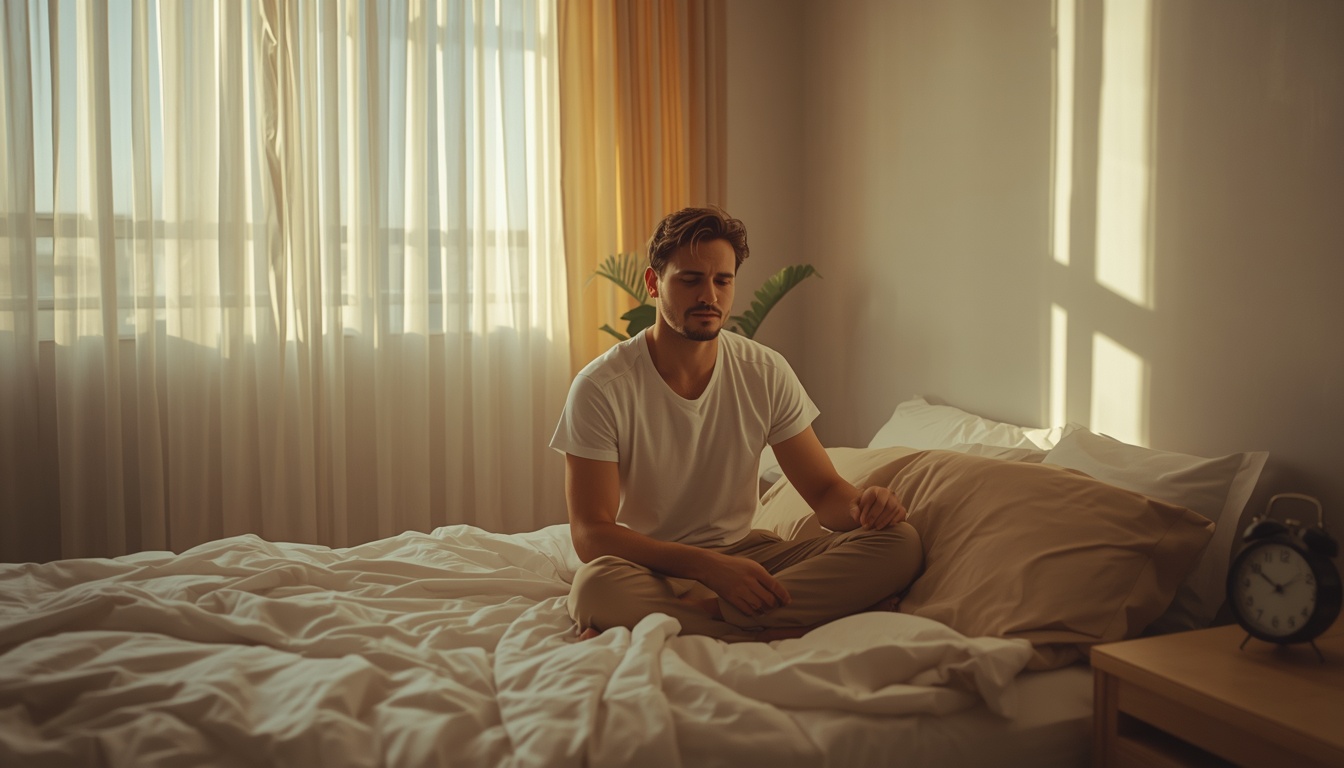 Sunlit bedroom clock showing late morning while a person sits on the edge of the bed looking groggy after sleeping in