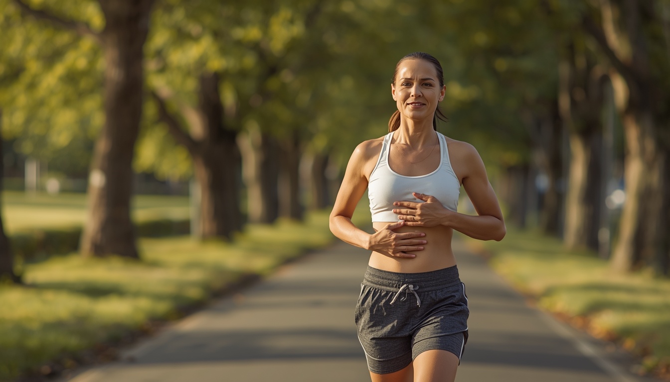 Calm adult pausing mid-jog on a tree-lined path, one hand resting lightly at the lower ribs, warm daylight, hopeful not pained