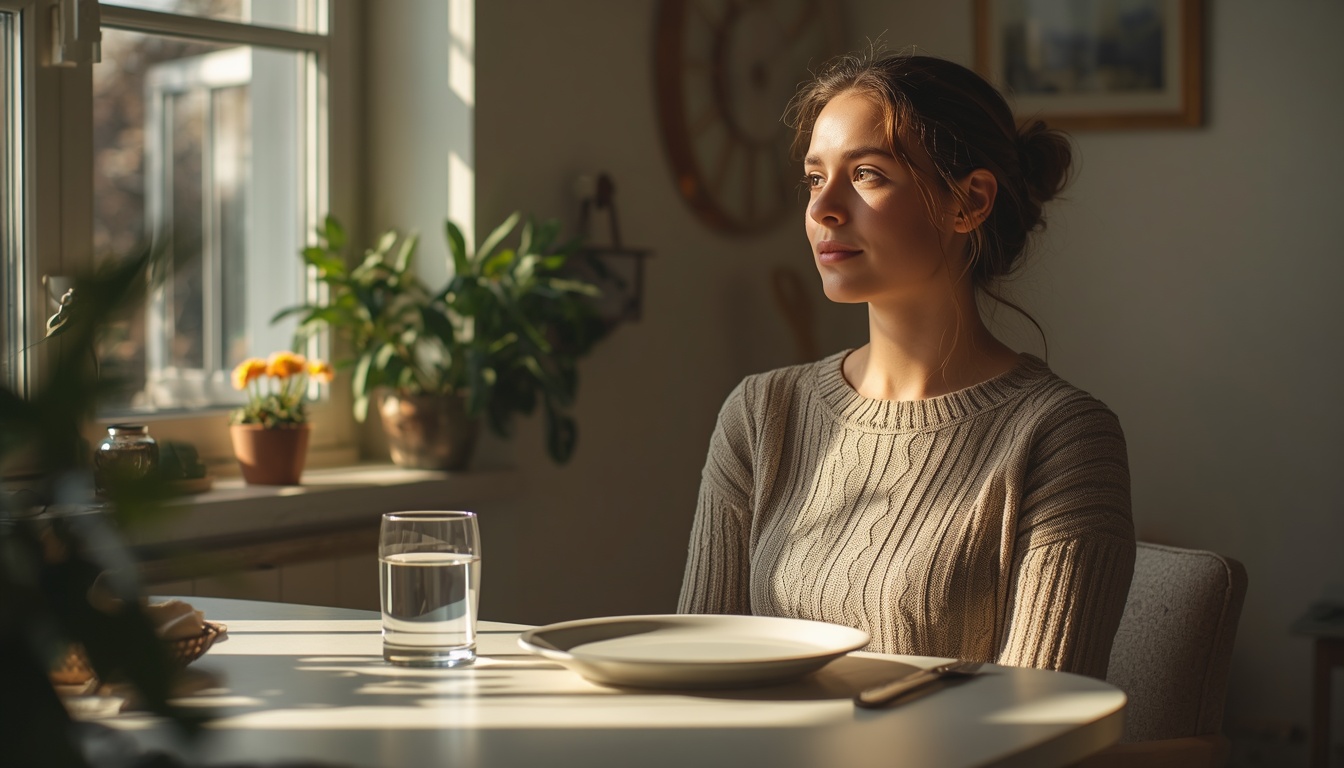 Calm adult at a sunlit table after a simple lunch, pausing with a glass of water, soft afternoon window light, hopeful and grounded