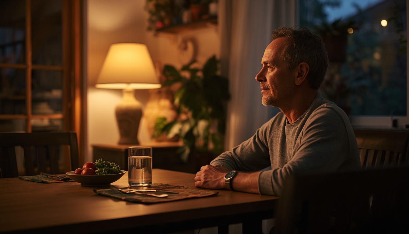 Calm adult in a softly lit dining area after dinner, sitting upright at a wooden table with a simple plate and water glass, warm evening light