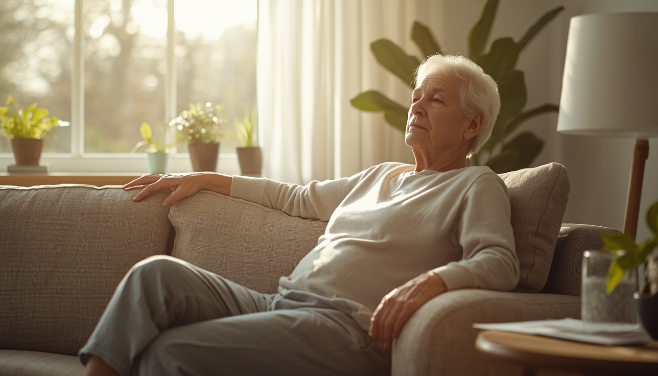 Person rising slowly from a sofa in a sunlit living room, one hand lightly on the armrest, calm expression