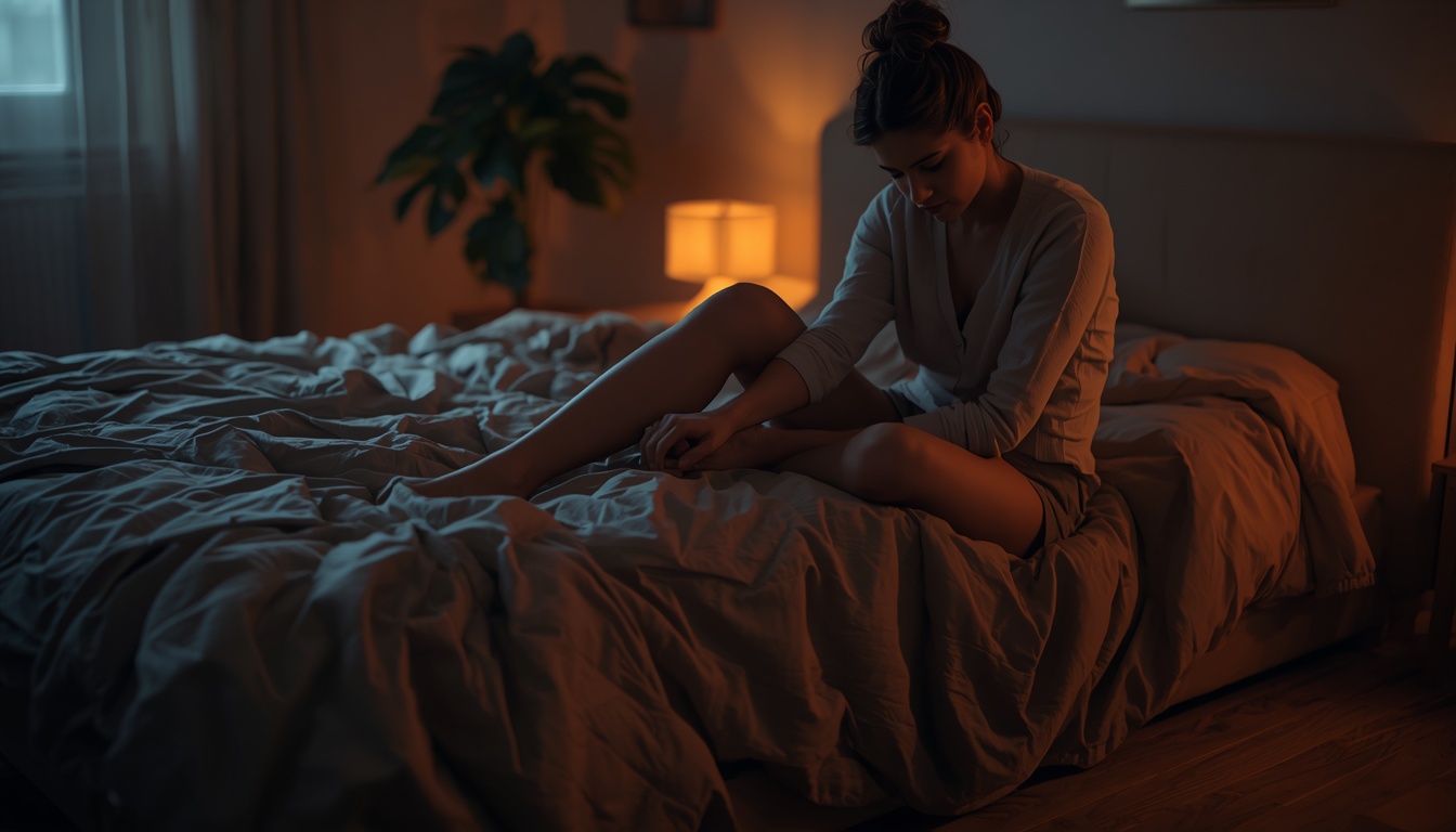 Adult sitting on the edge of a bed in warm evening lamp light, gently stretching one calf, calm and unhurried