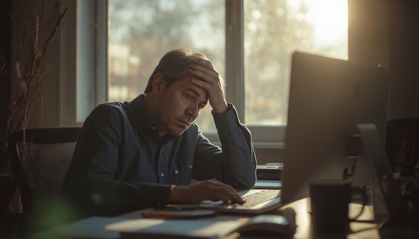 Person at a desk in afternoon light pausing with fatigue while a window shows late-day sun, suggesting a natural energy dip not just laziness