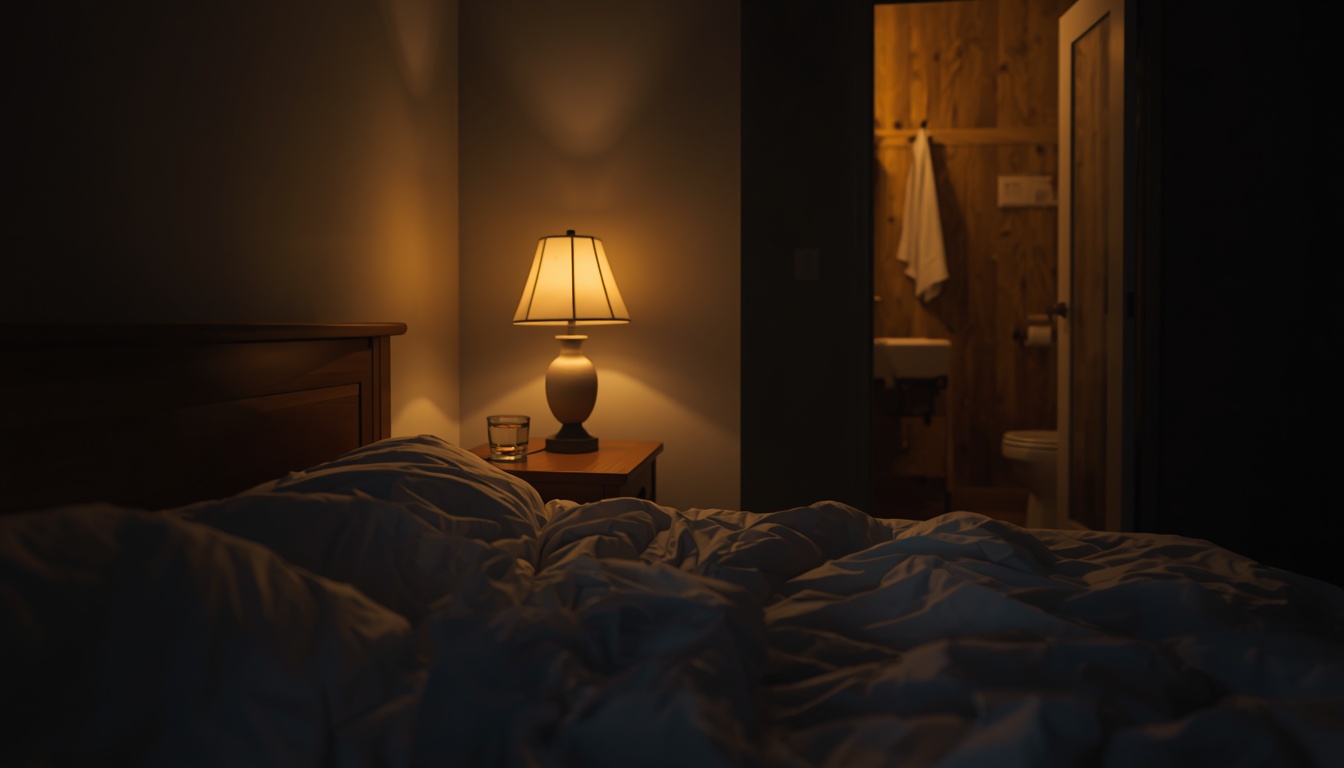 Quiet bedroom at night with soft lamp light, a glass of water on a wooden nightstand, rumpled bedding, and a hallway bathroom light faintly visible