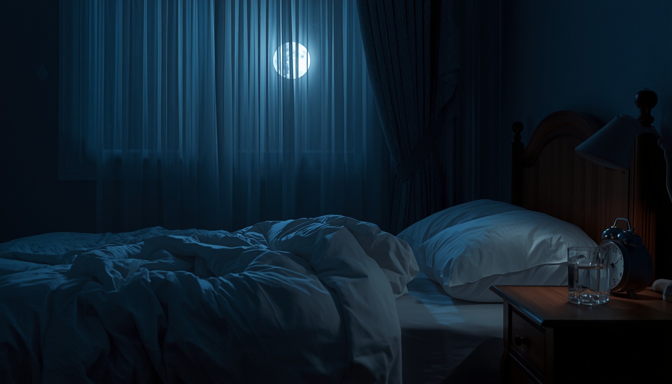Quiet bedroom at night with soft moonlight and an empty bed rumpled from a 3 AM waking