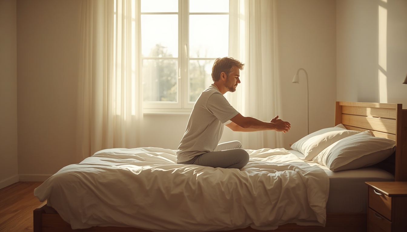 Calm adult sitting on the edge of a sunlit bed in the morning, stretching the spine gently, rumpled white sheets, warm window light, hopeful and grounded