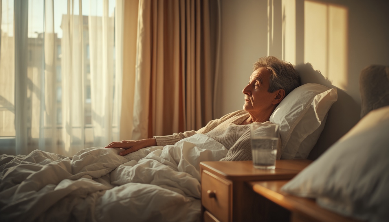 Calm adult in a sunlit bedroom morning reaching for a glass of water on a wooden nightstand, parted curtain, rumpled white bedding, hopeful and grounded