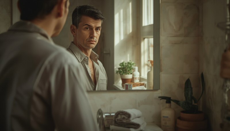 Soft morning bathroom light on an adult looking calmly at a mirror with mild under-eye puffiness