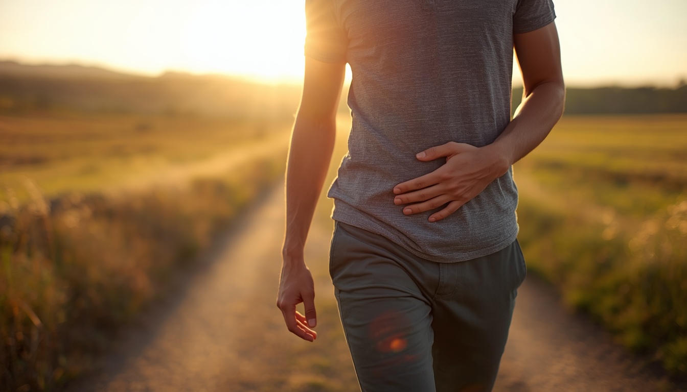 Calm educational photo of a person walking outdoors in soft daylight with a hand resting near the lower right abdomen, suggesting the appendix as a quiet reserve rather than a problem organ