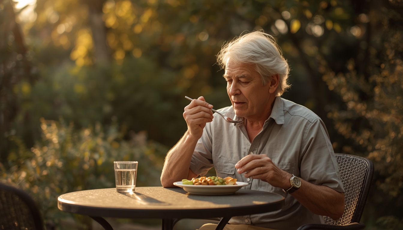 Healthy adult eating a simple meal at an outdoor table in warm daylight, relaxed posture, natural setting suggesting daytime eating rather than late-night snacking