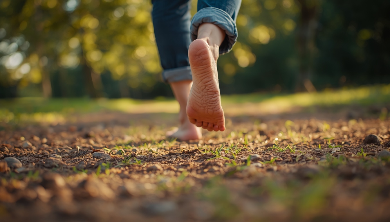 Calm adult walking barefoot on packed earth and short grass, mid-stride with a visible natural arch, warm daylight, hopeful and grounded