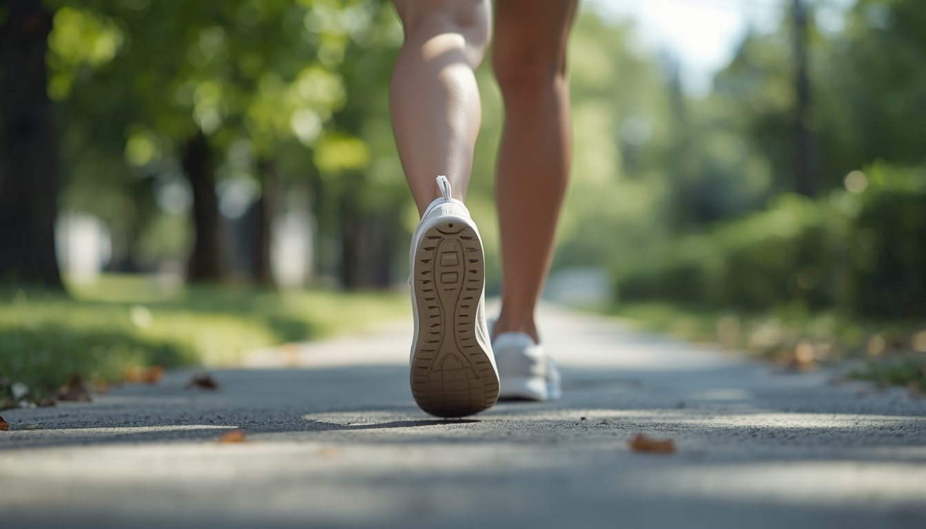Soft editorial photograph of a person in their thirties walking a tree-lined path in warm morning sidelight, linen clothing, calm everyday expression, shallow depth of field, no text