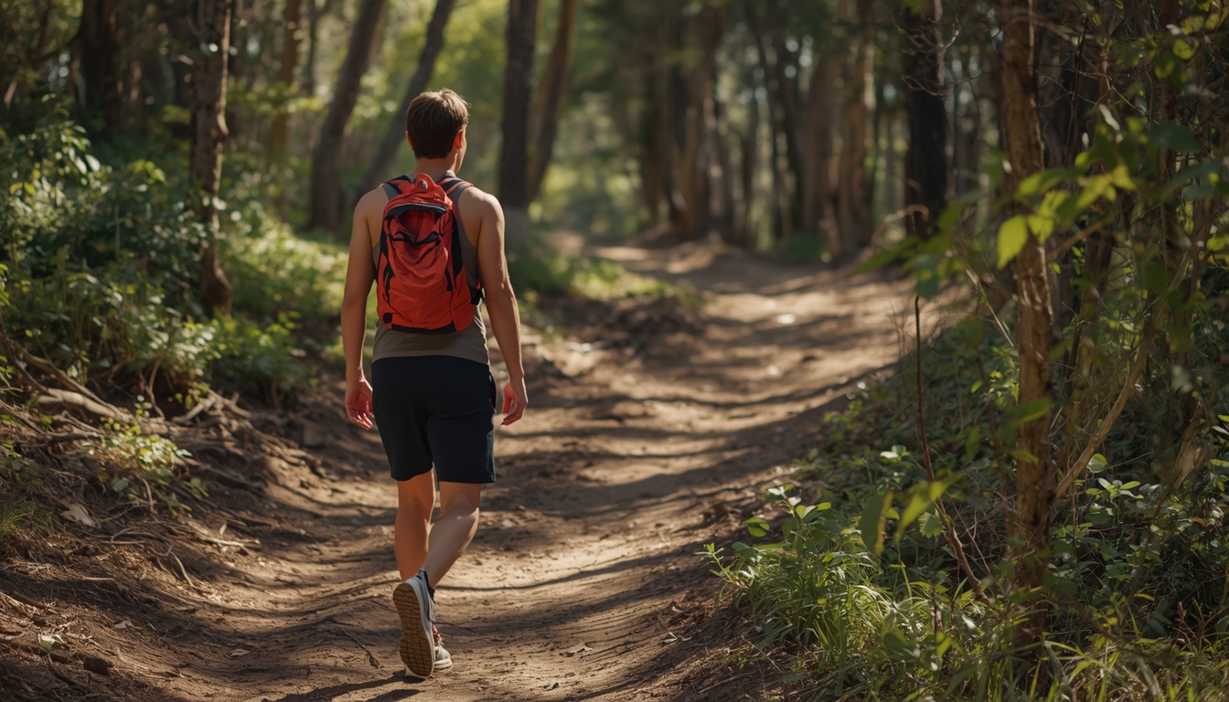 A healthy adult walking an unfamiliar wooded path in morning light, looking ahead as if noticing a new turn, natural sidelight, calm focused expression, no phone