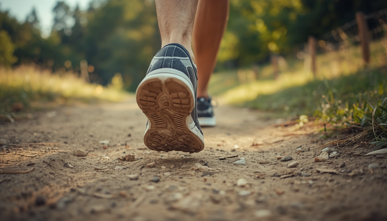 Bare foot mid-stride on a path with the big toe pressing into the ground at push-off