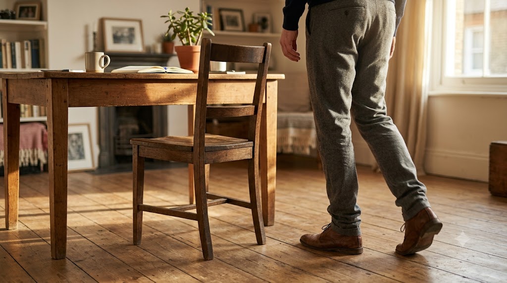 Person standing from a long-sat wooden chair by a window, afternoon light on empty floor space suggesting movement after stillness