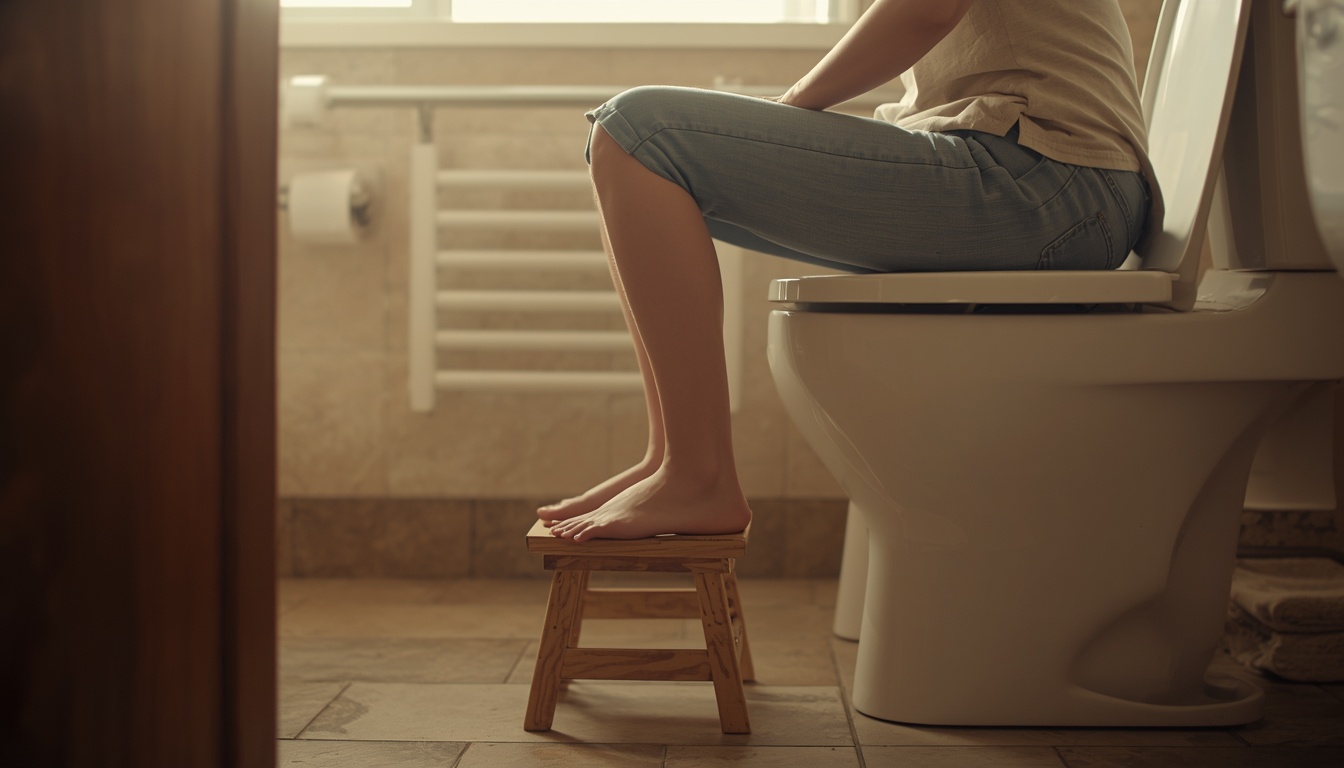 Adult sitting on a bathroom stool with feet elevated on a small footrest in a sunlit modern bathroom, calm everyday posture that mimics a gentle squat