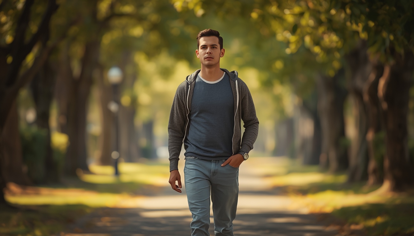 Adult walking at an easy pace along a sunlit tree-lined path, calm focused expression as if thinking through a problem