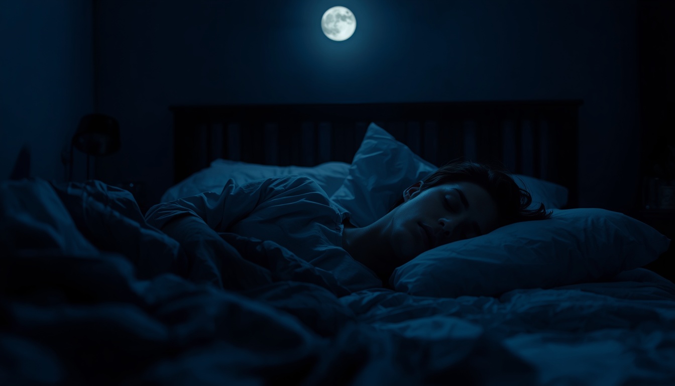 Soft editorial photograph of a person in their thirties sleeping on their side in a dim bedroom with a sliver of dawn at the curtain, linen bedding, calm restful scene, shallow depth of field, no text