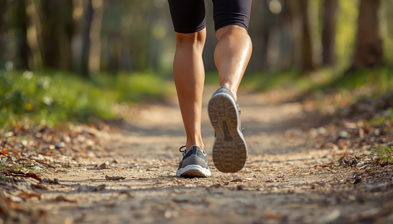 Adult walking a slightly uneven outdoor path, mid-stride and balanced, suggesting the cerebellar practice uneven ground still provides