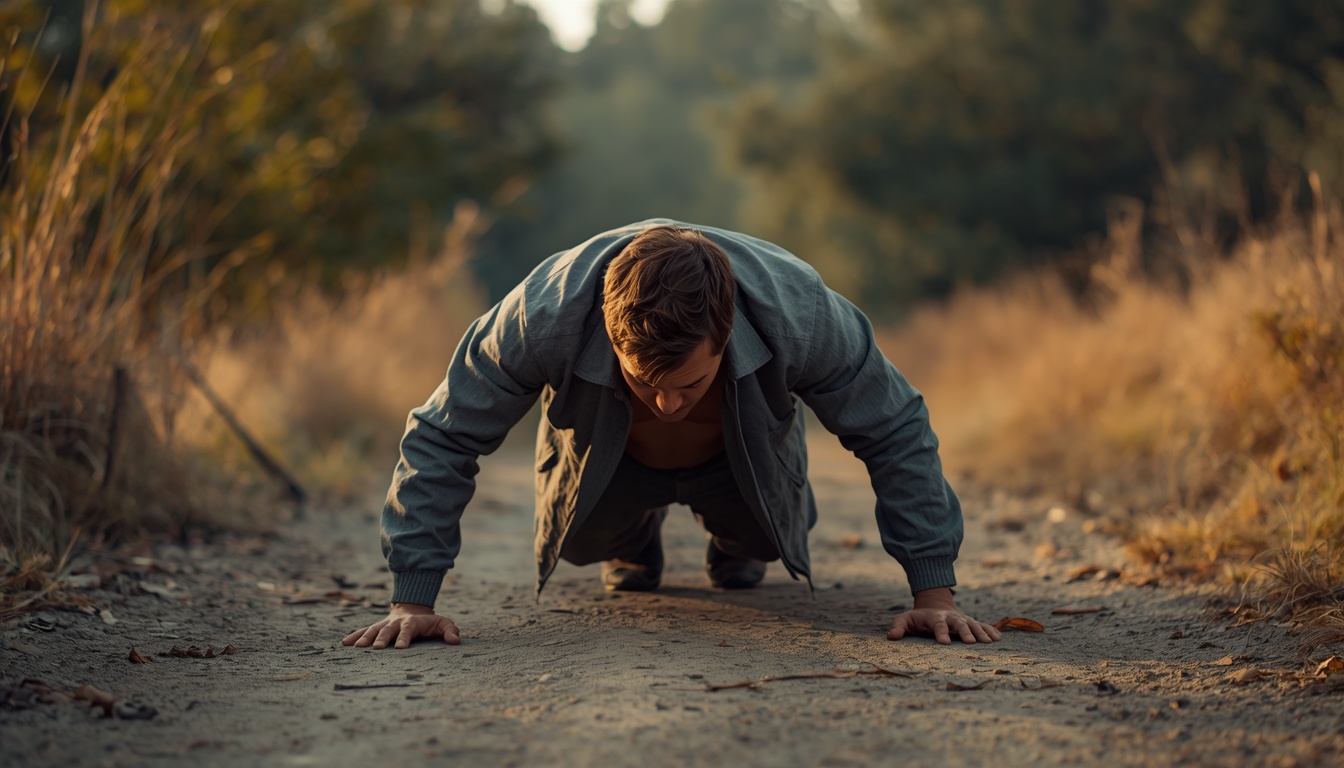 Adult pushing up from the floor in a natural outdoor setting with open chest and grounded hands