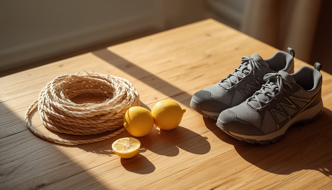 Sunlit wooden table with citrus fruit, a coil of natural rope and well-used walking shoes suggesting collagen’s twin cues of vitamin C and mechanical load