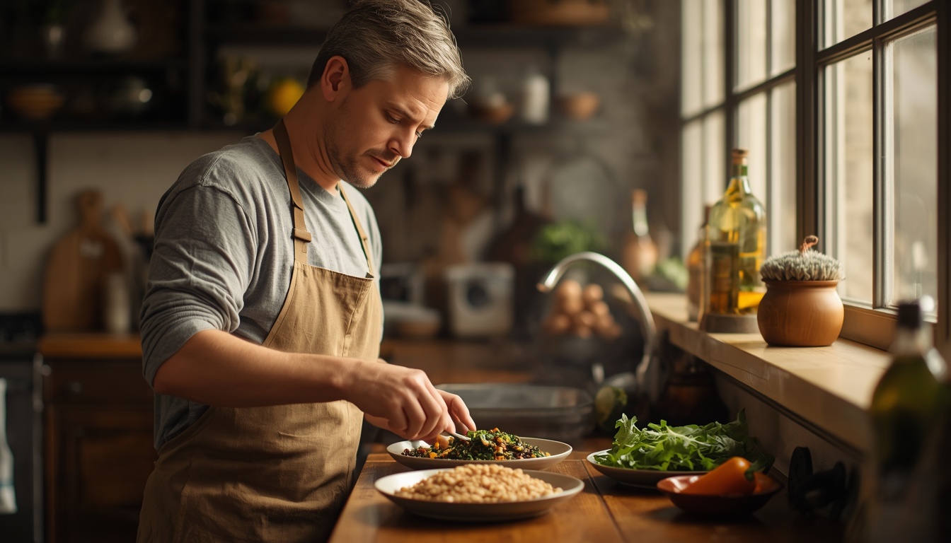 Adult preparing a colorful high-fiber meal of beans, whole grains and vegetables at a sunlit kitchen counter