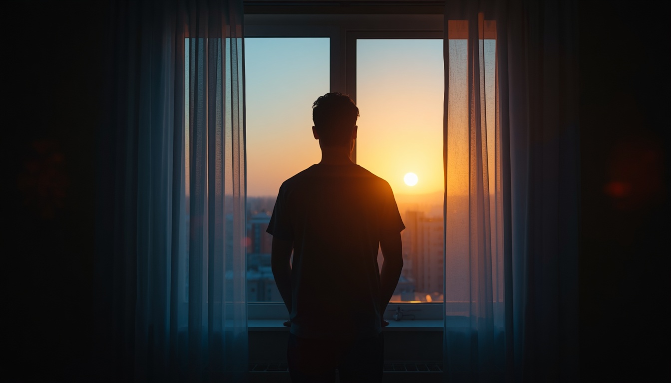 Adult standing at a bedroom window at first light, morning sky pale at the horizon, quiet room still dim, calm documentary style