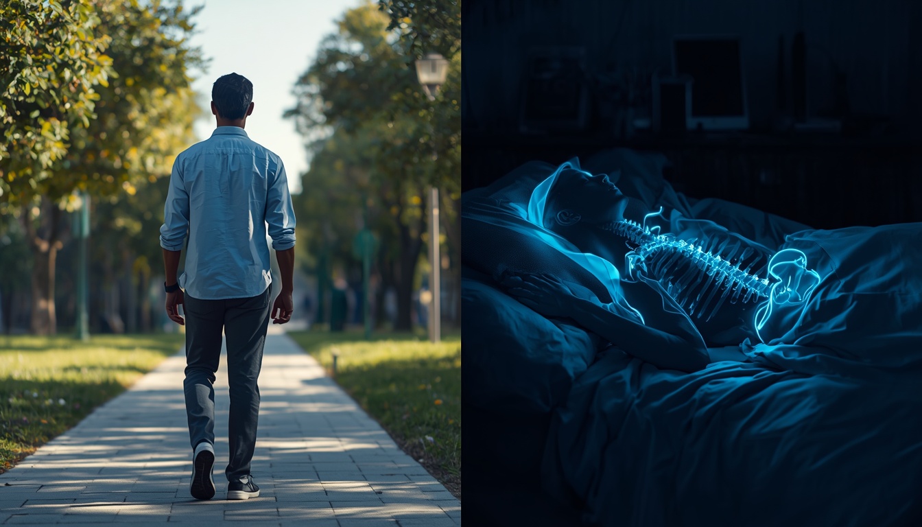 Soft editorial photograph of a person in their thirties walking a quiet path at first light, linen clothing, calm everyday expression, shallow depth of field, no text