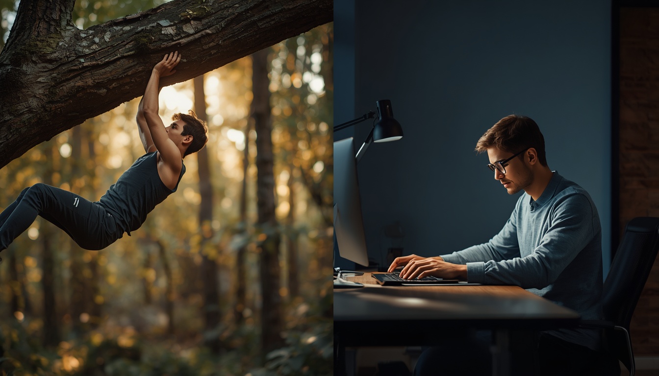 Person hanging from a tree branch and throwing a stone, contrasted with someone typing at a desk with bent elbows