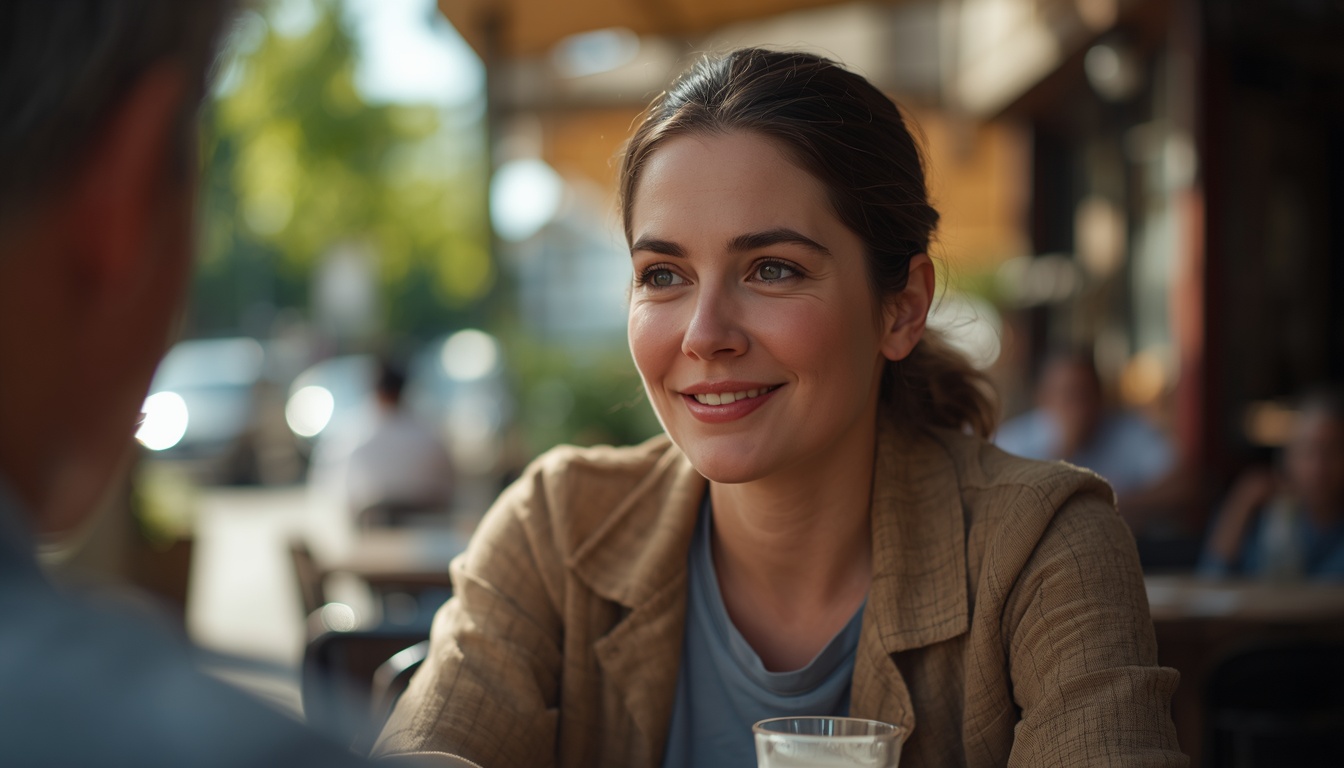 Adult outdoors pausing mid-conversation with a natural warm flush across the cheeks in late-afternoon light