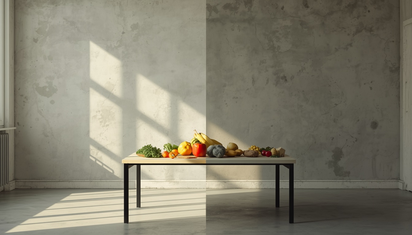 Soft editorial photograph of a person standing at a kitchen counter in morning light with simple whole foods and an empty plate, calm contemplative mood, no text