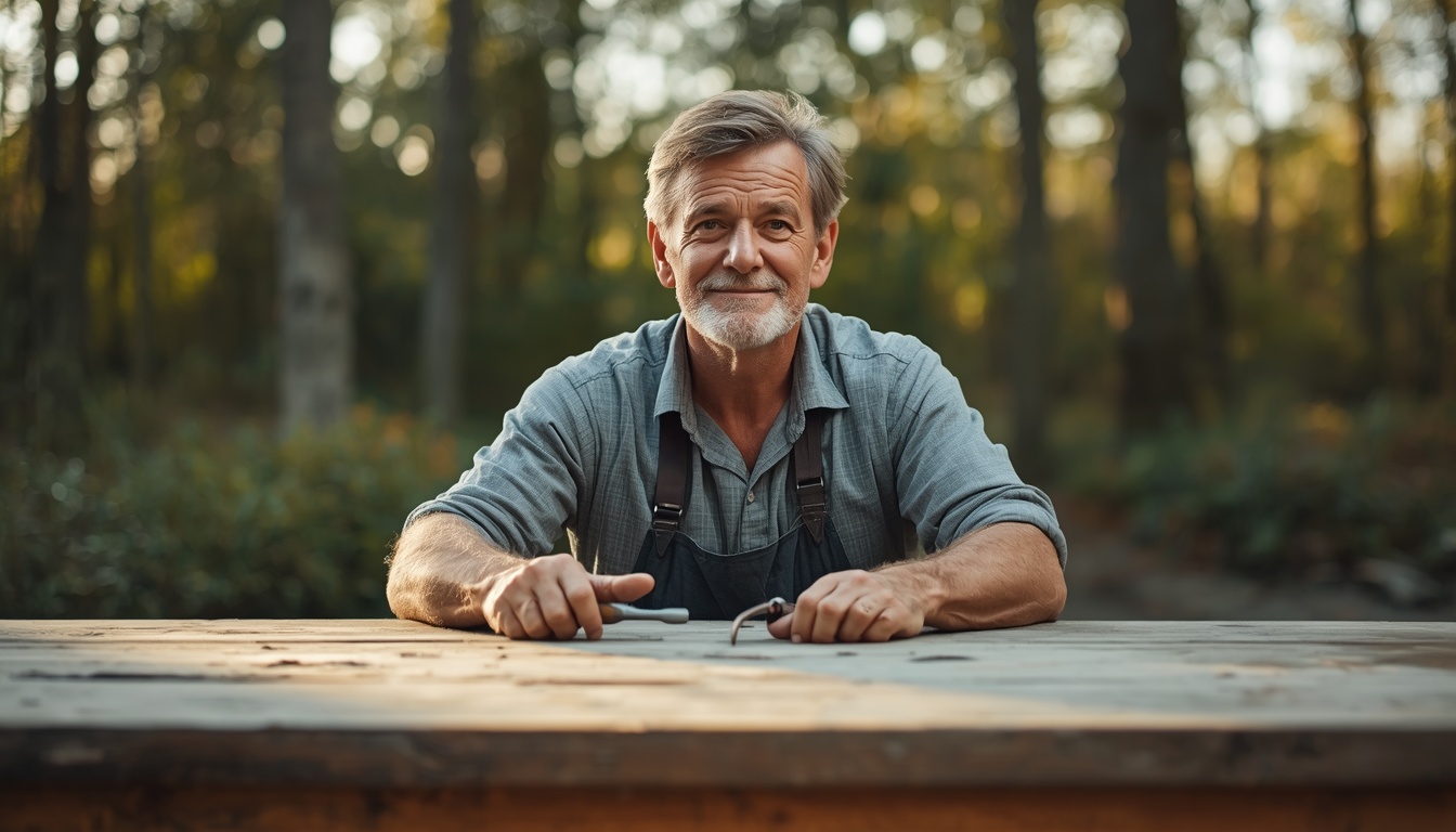Calm adult in warm daylight handling rough wood and a simple tool with relaxed, spread fingers, outdoor workbench, hopeful and grounded