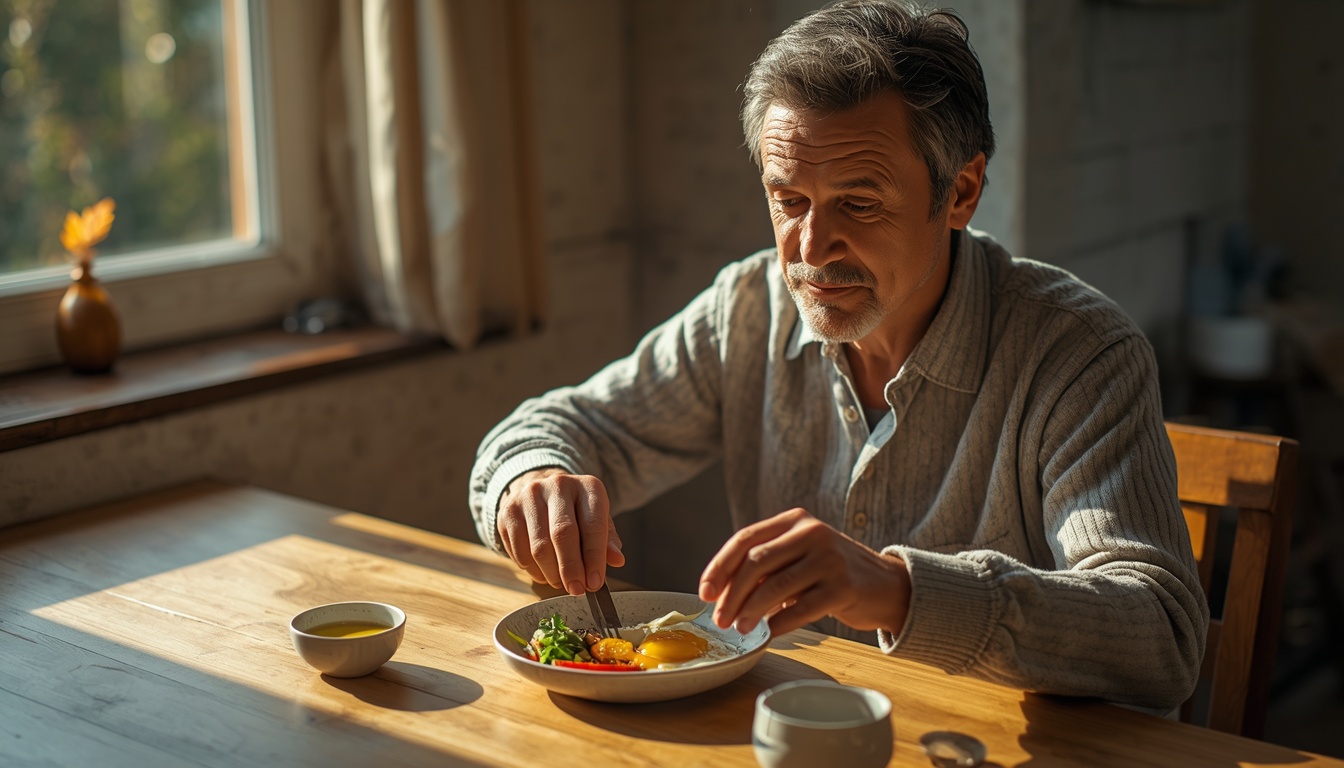 Adult sitting at a sunlit table with a simple mixed meal of eggs, vegetables and olive oil, calm expression as if beginning a real breakfast