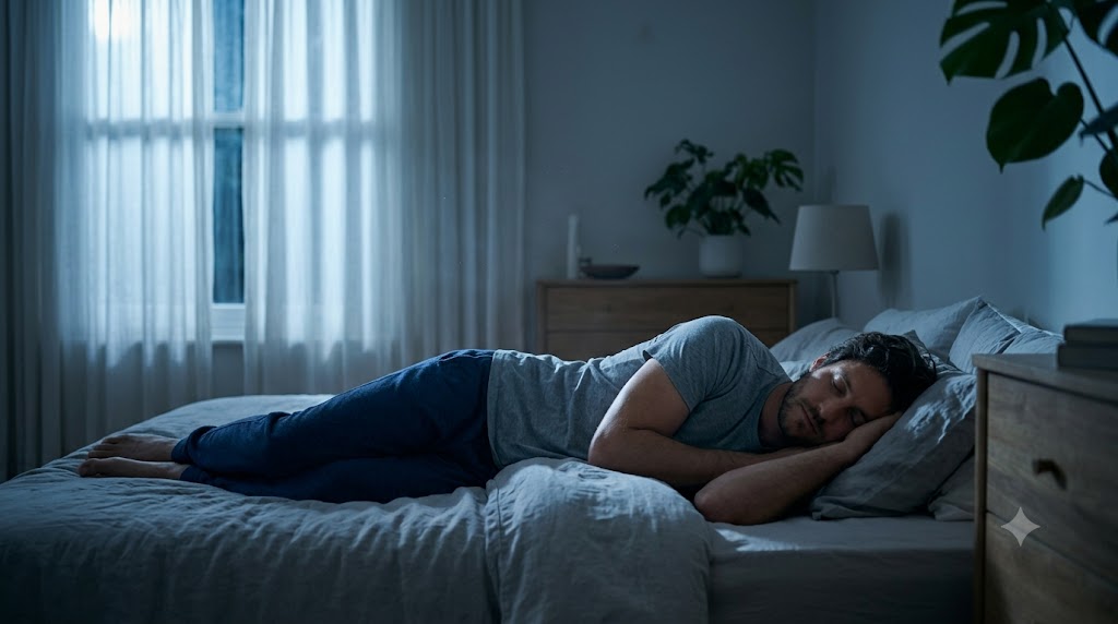Adult asleep in early-night darkness, quiet bedroom, relaxed posture under a simple blanket, soft moonlight at a window, calm documentary style