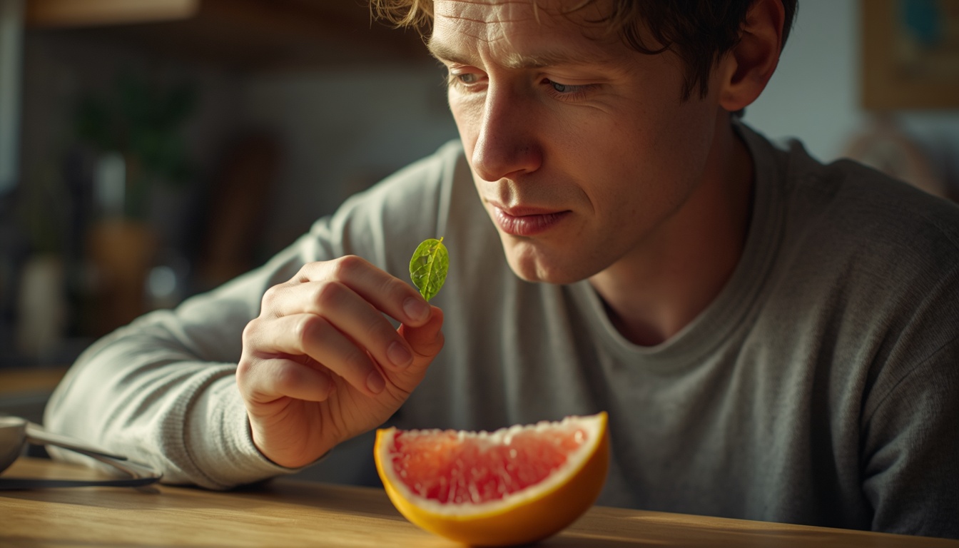 Adult tasting a bitter green leaf at a sunlit kitchen counter with a calm attentive expression