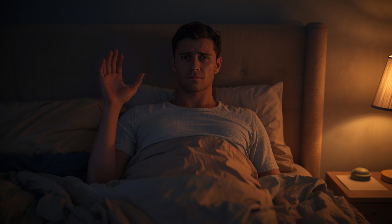 Adult sitting up in bed at night gently shaking one hand in soft lamp light, looking calm rather than alarmed