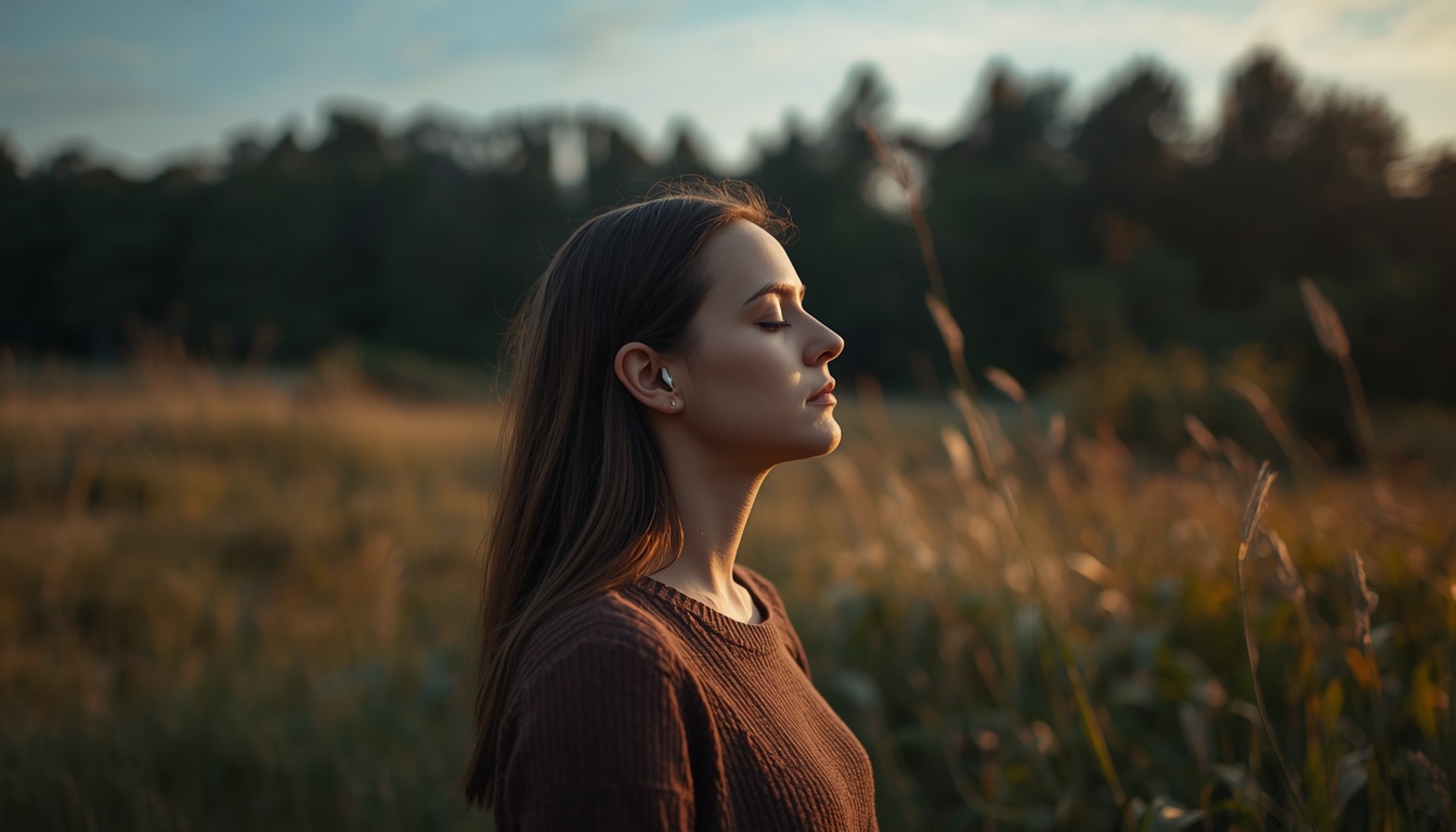 Person standing in a quiet natural landscape at dusk, listening, contrasting with the unseen noise of modern life