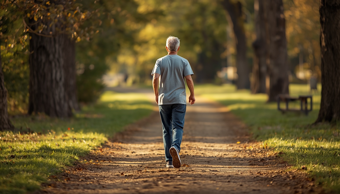 Calm adult in warm daylight taking a long easy walking stride on a park path, relaxed face, open hip on the back leg, hopeful and grounded