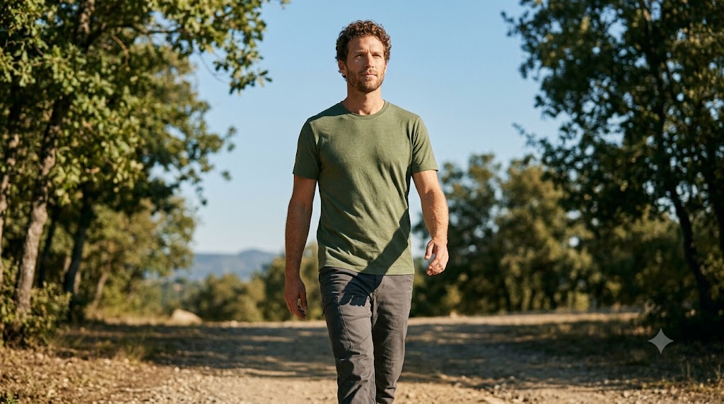 Adult walking outdoors after a meal in late-morning light, easy stride on a path, natural daylight, calm focused expression
