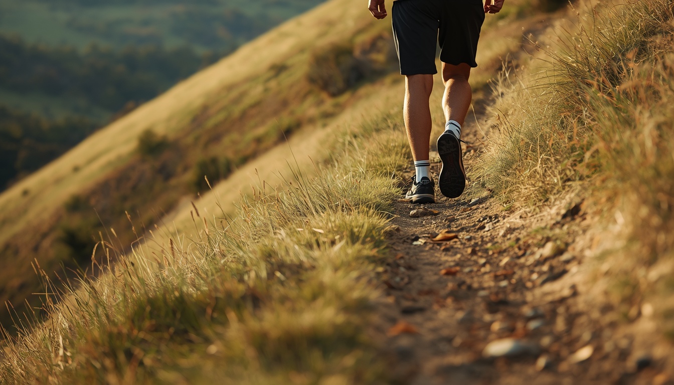 Person walking along a gentle hillside path with attention to side-step control