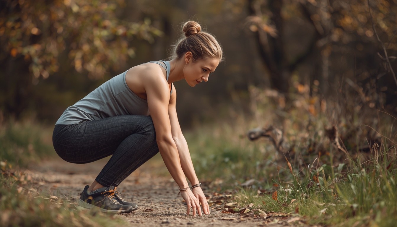 Person moving through a natural squat and reach outdoors, joints loaded through a full comfortable range in soft daylight