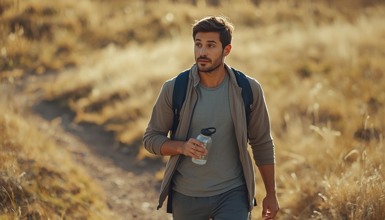 Adult pausing mid-hike on a sunlit dry trail with a simple water bottle, calm expression noticing genuine thirst