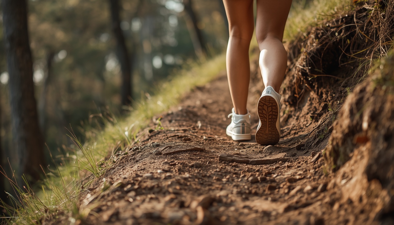 Adult walking a gentle dirt hillside path in warm daylight, knees softly bent, trees and uneven ground around them