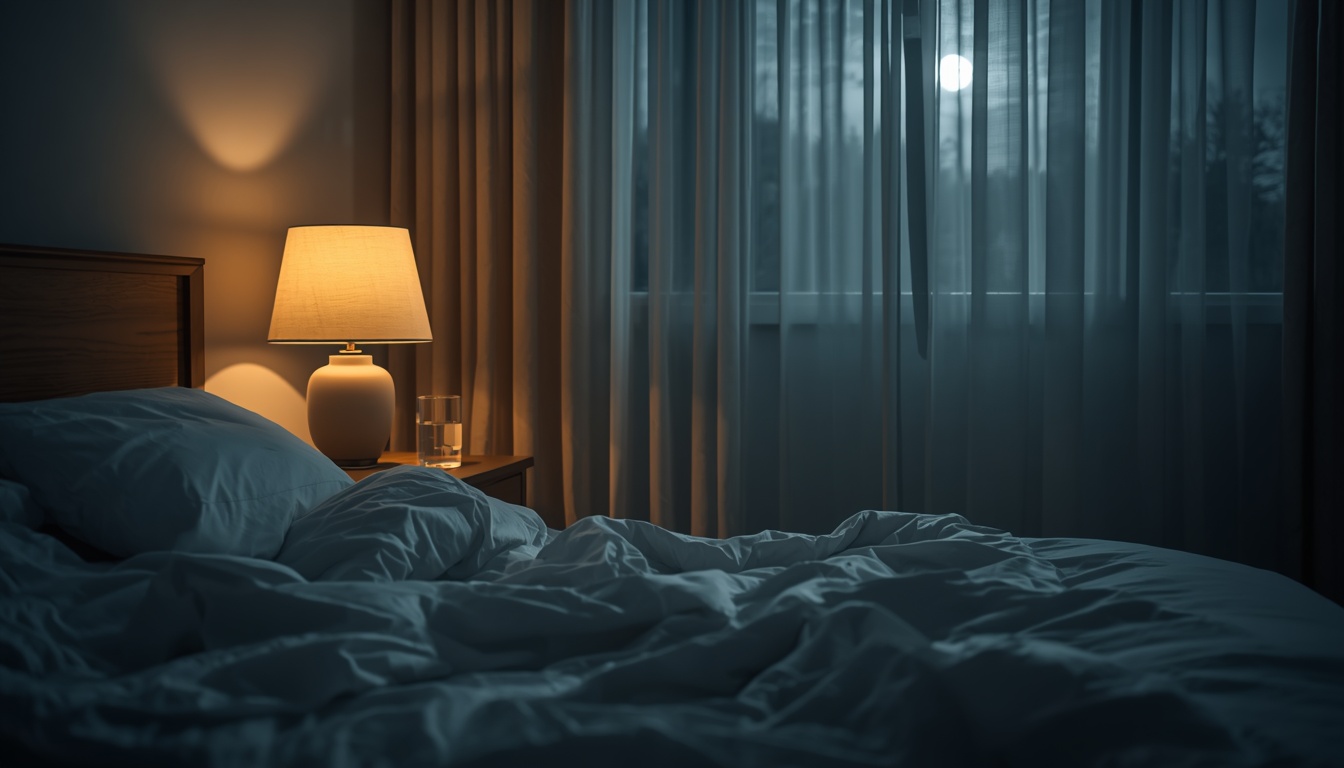 Quiet bedroom at night with rumpled white sheets, warm lamp light on a wooden nightstand, calm empty bed suggesting a pause after a night cramp
