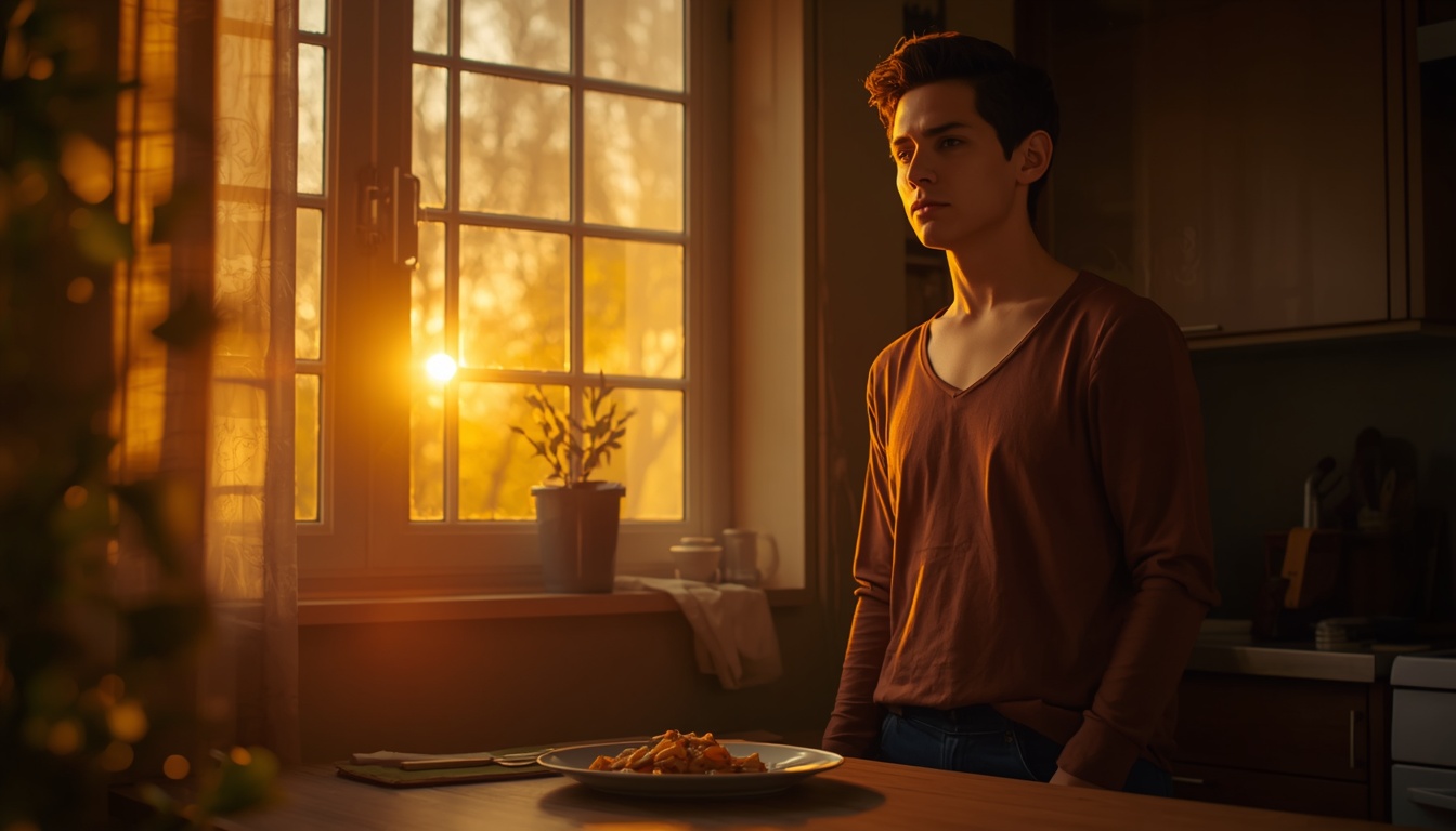 Adult in everyday clothing pausing in a calm sunlit kitchen in the evening with an empty plate, as if the day’s last meal is finished
