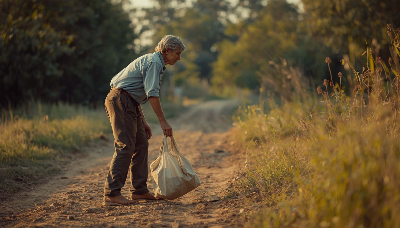 Adult hinging at the hips to lift a light bag from the ground on an outdoor path, long spine and easy stride