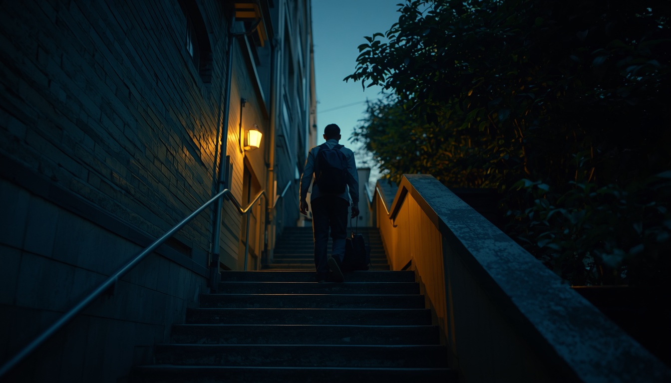 Soft editorial photograph of a person in their thirties walking at first light on a quiet path, linen clothing, calm everyday expression, shallow depth of field, no text