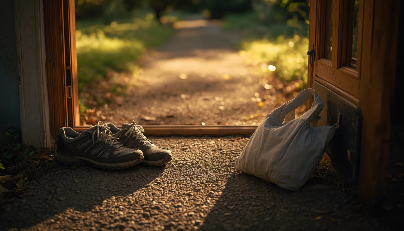Sunlit walking path and well-used shoes by a wooden door at late morning, suggesting daytime muscle load rather than evening-only exercise