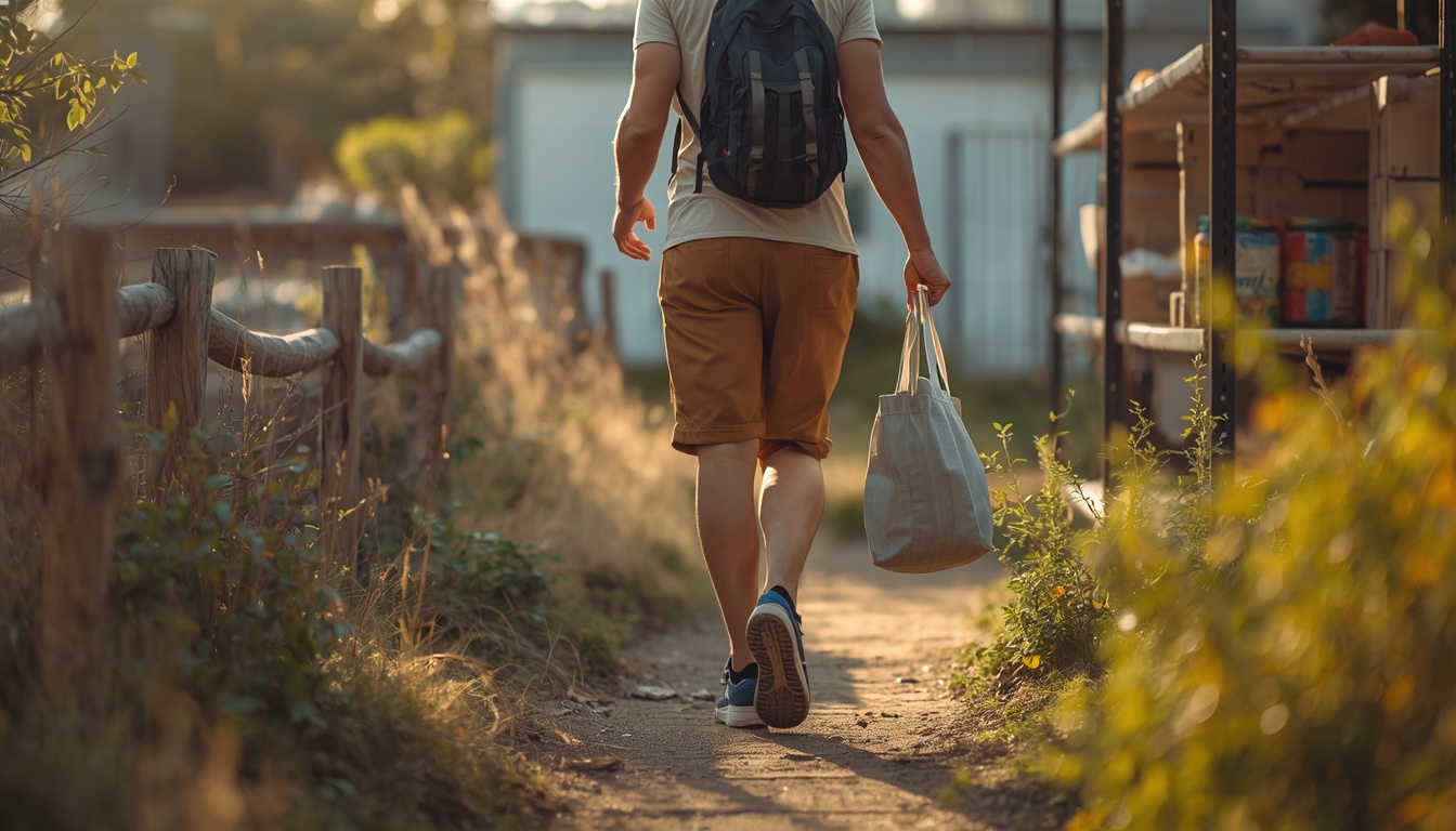 Person moving through mixed daily activity outdoors, walking carrying and reaching rather than sitting then doing one gym session
