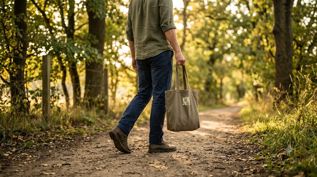Person walking a quiet path in late-afternoon light, sleeves rolled, modest stride suggesting everyday muscle work rather than a gym session